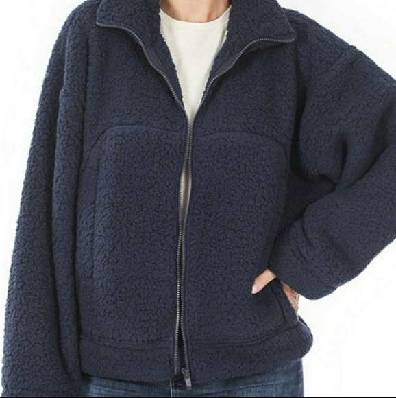 Zenana Outfitters Jackets & Blazers - Navy Blue Sherpa / Teddy Bear Jacket w Pockets Large nwot